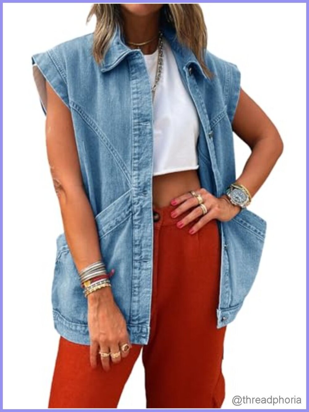 Oversized Denim Vest Sleeveless Jean Vest Button Front Casual Western Waistcoat